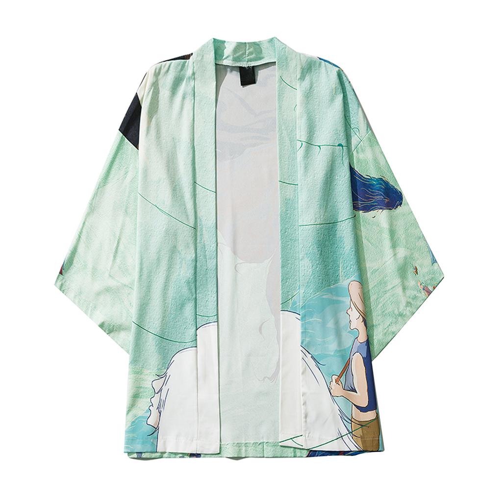 Men's Casual Loose Open Front 3/4 Sleeve Japanese Print Cover Up Cardigan
