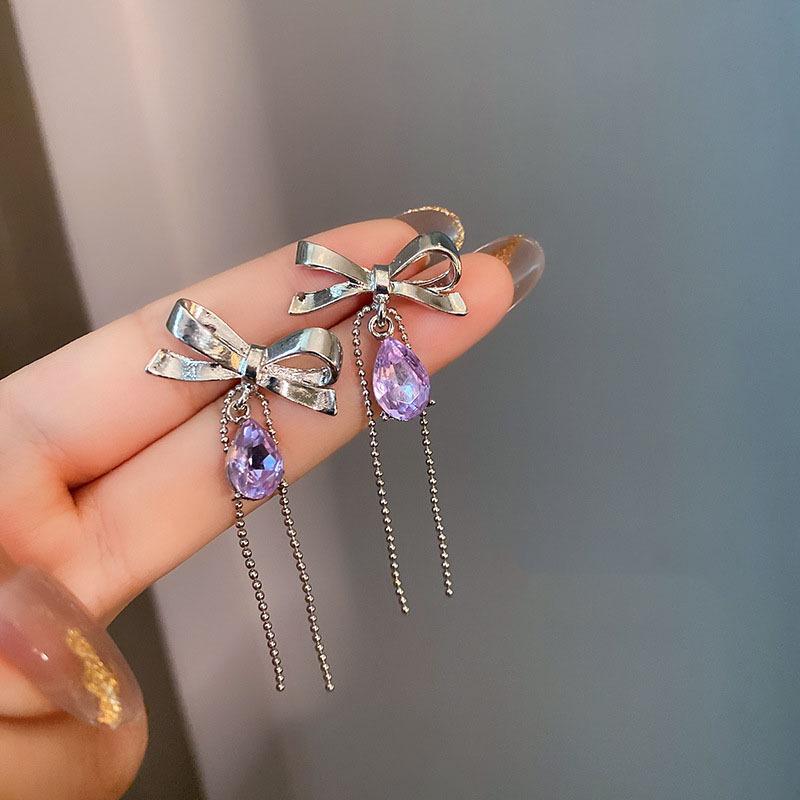 Elegant Bow Tassel Earrings: 925 Sterling Silver with Inlaid Diamonds for a Sweet, Girly, and Fashionable Touch.