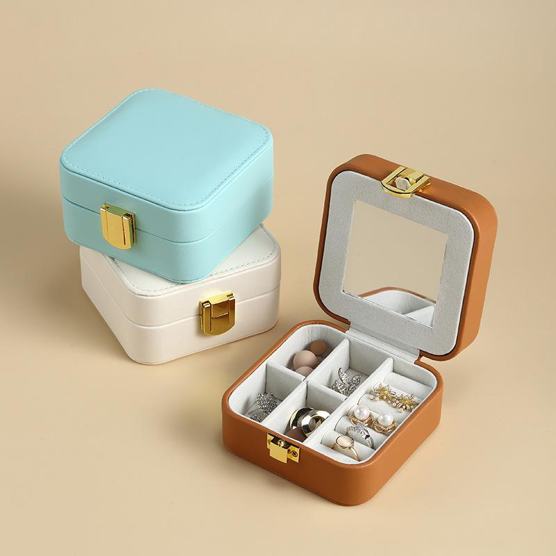 Mini Travel Jewelry Box Pu Leather Premium Sense Built-in Mirror Necklace Ring Earrings Portable Jewelry Box Organizer