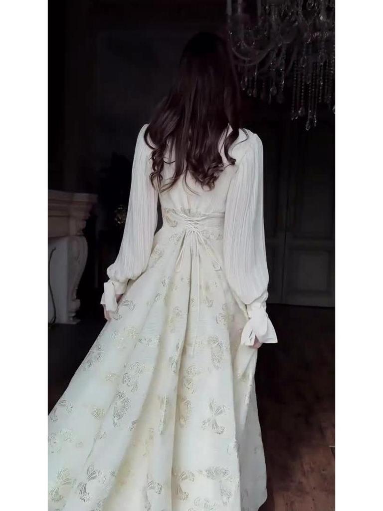 2025 Spring Elegant Long Sleeve Gold-Stamped Romantic Dress for Women