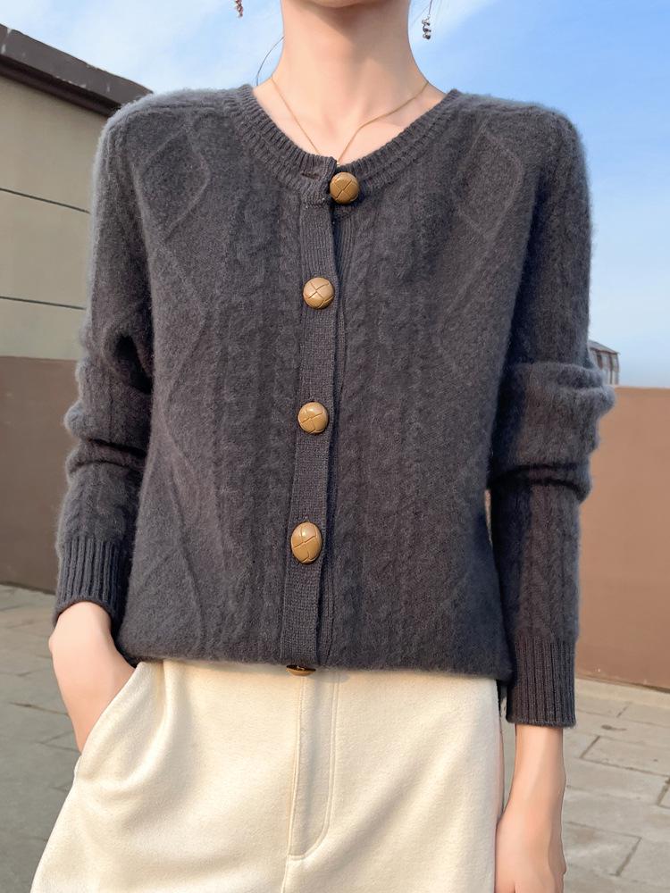 

Женский кардиган крупной вязки из толстой шерсти на осень/зиму - Круглый вырез, Свободный крой, Короткое пальто-свитер L