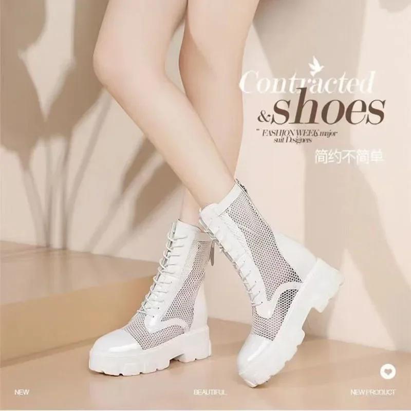 Fashion Summer Ankle Boots Women's Chunky Hollow Out Shoes Brand Female Round Toe Lace-up Ladies Fashion Platform