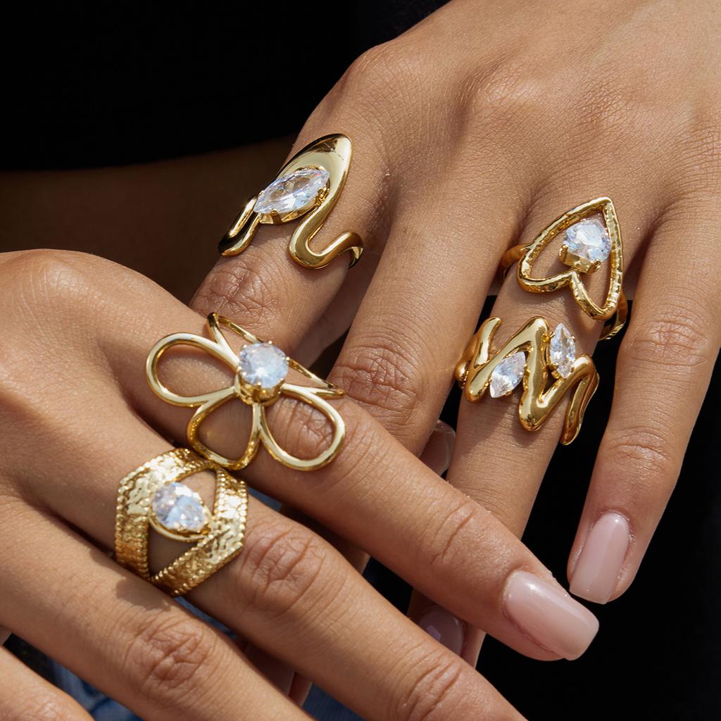 New Trend Stainless Steel Zircon Rings for Women Non-Tarnish Waterproof Jewelry Irregular Geometric Open Adjustable Ring