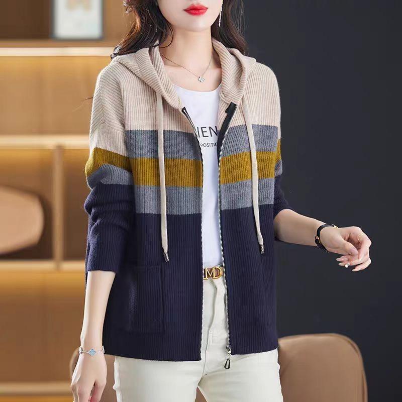 Casual Women Hooded Sweater Coat Zip Up Color Block Knitwear Open Front Jacket for Spring Fall Winter