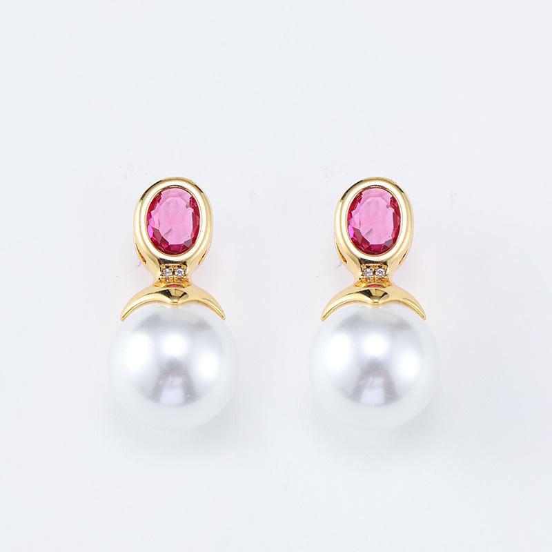 Brincos Franceses Retrô de Alto Nível com Pérola Vermelha e Rubi