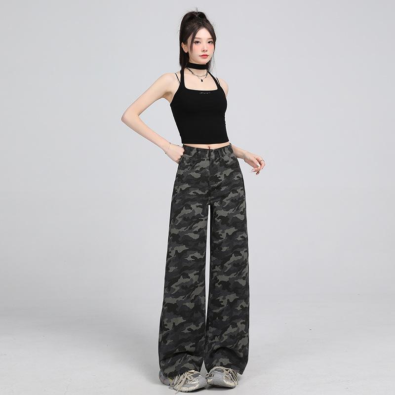 American retro camouflage jeans women's spring and summer new high waist loose wide legs thin pants European and American style