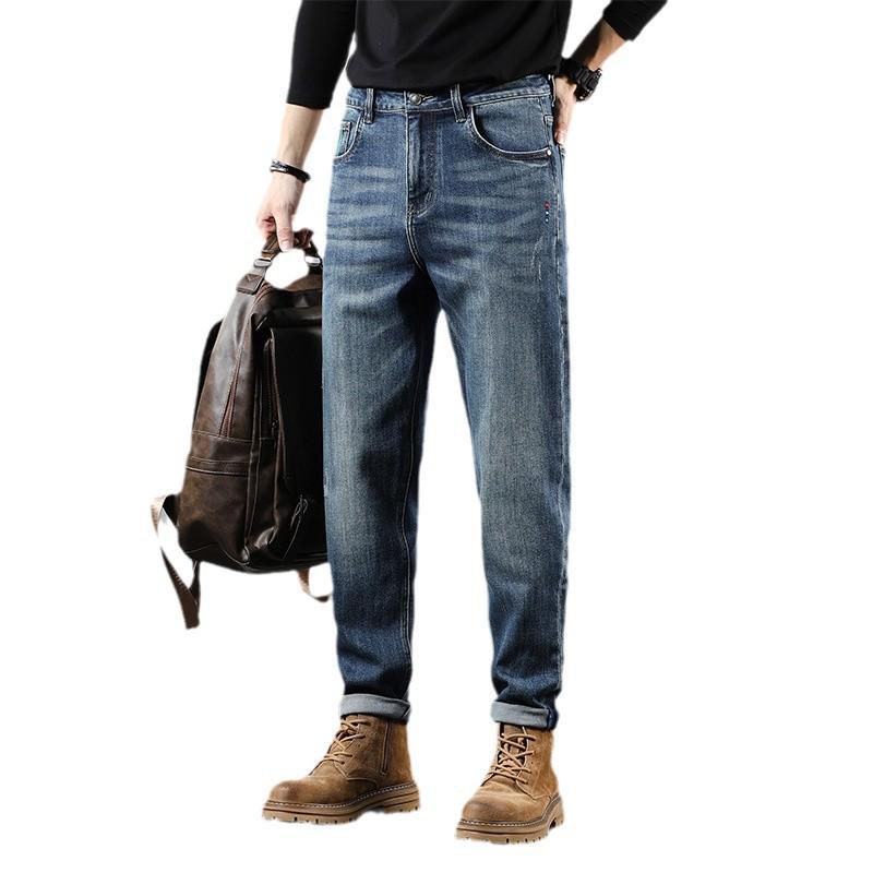 

Мужские осенние джинсы, хлопковые эластичные прямые брюки-харлан для мужчин, осенние американские модные брендовые джинсы для мужчин, осень и зима. 38 синий