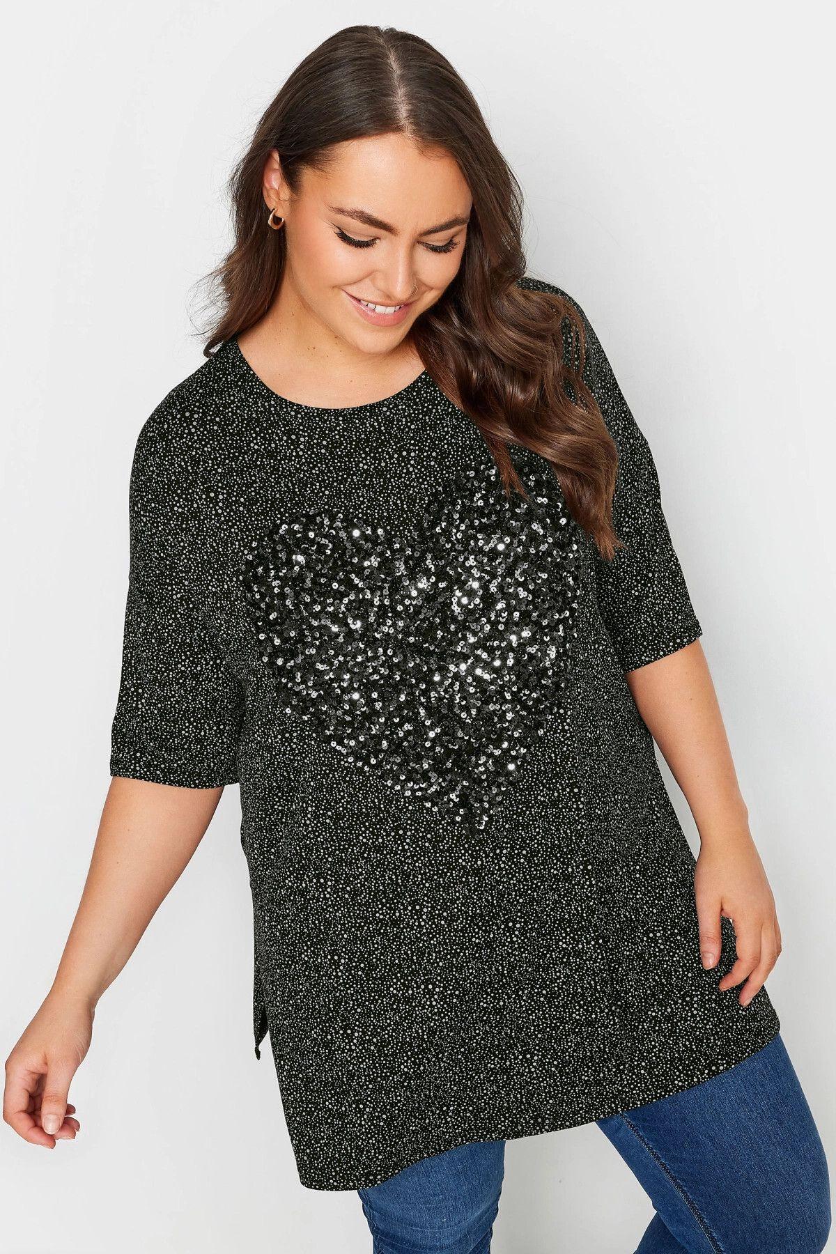 

Women s Big Size Blouse Plus Size Crew Neck Sequin Embroidered Slit Detailed Blouse 303080 4XL