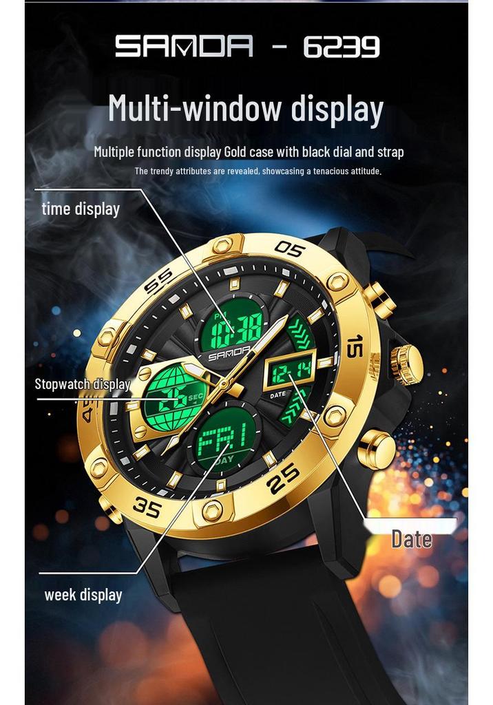 SANDA 3D Multifunction Sports Watch – 3 Time Zones, Waterproof, Student Wristwatch