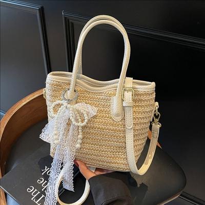 Trend Große Kapazität Stroh Tragbarer Eimerbeutel Damen Strandurlaub Pendler Schulter Messenger Bag