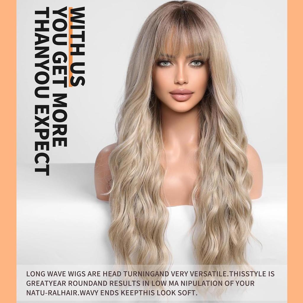Cross-Border Water Wave Wigs European American Women's Fashionable Synthetic Hair Wig Brown Gradient Color Bangs Long Curly Hair