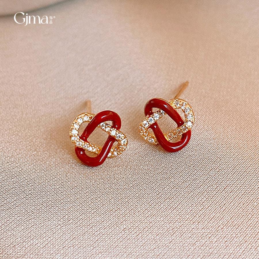 18K electroplated red drip cross zircon stud earrings versatile earrings light luxury earrings women