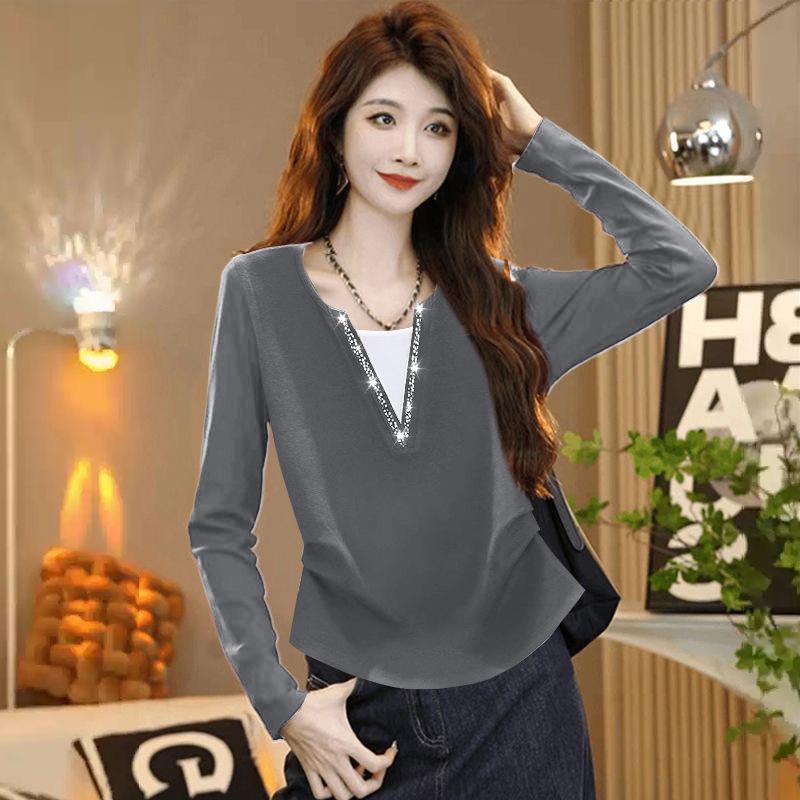 

Осенне-зимняя базовая рубашка для женщин с длинными рукавами, новая универсальная тонкая повседневная футболка на весну, футболка из двух частей с имитацией гвоздя и бисером в виде ромба 4XL серый