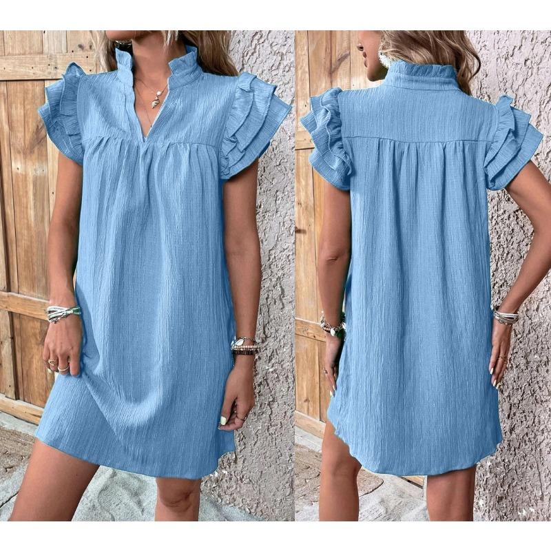 Women s summer new fashionable versatile multi-layer lotus leaf sleeve V-neck pullover dress S светло-синий