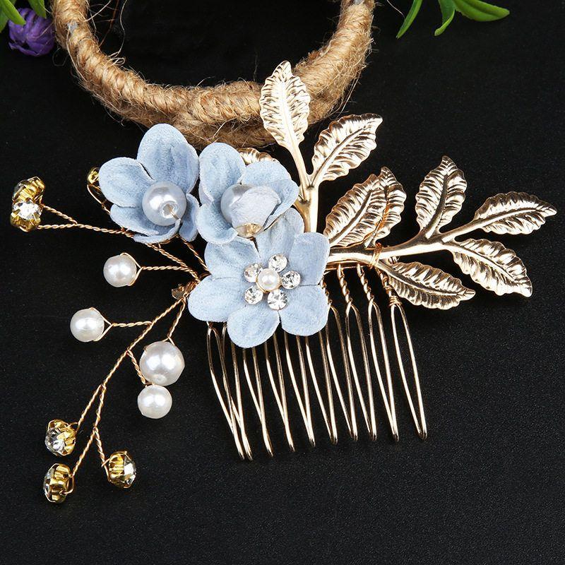 European and American Style Golden Leaf Hair Comb, Handmade Bridal Crown Hair Accessory, Flower Hair Comb, Bridal Jewelry Blue Hair Comb
