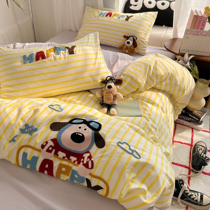 Cloud Pure Cotton Quilt Cover Bed Sheet Embroidery Four-piece Set Cartoon Puppy Skin-friendly Breathable Bed Sheet Bedding