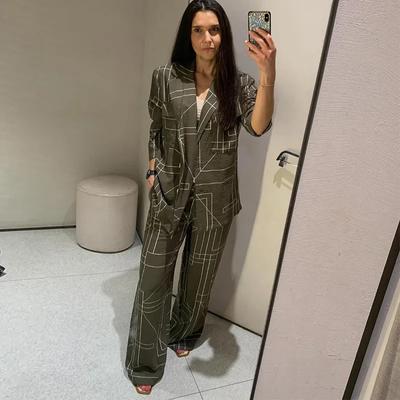 Stripe Shirt Pants Set Women Casual Long Sleeve Turn-down Collar Blazer+Wide Leg Trouser Loose Suit Commute Office Lady Summer Autumn New Fashion