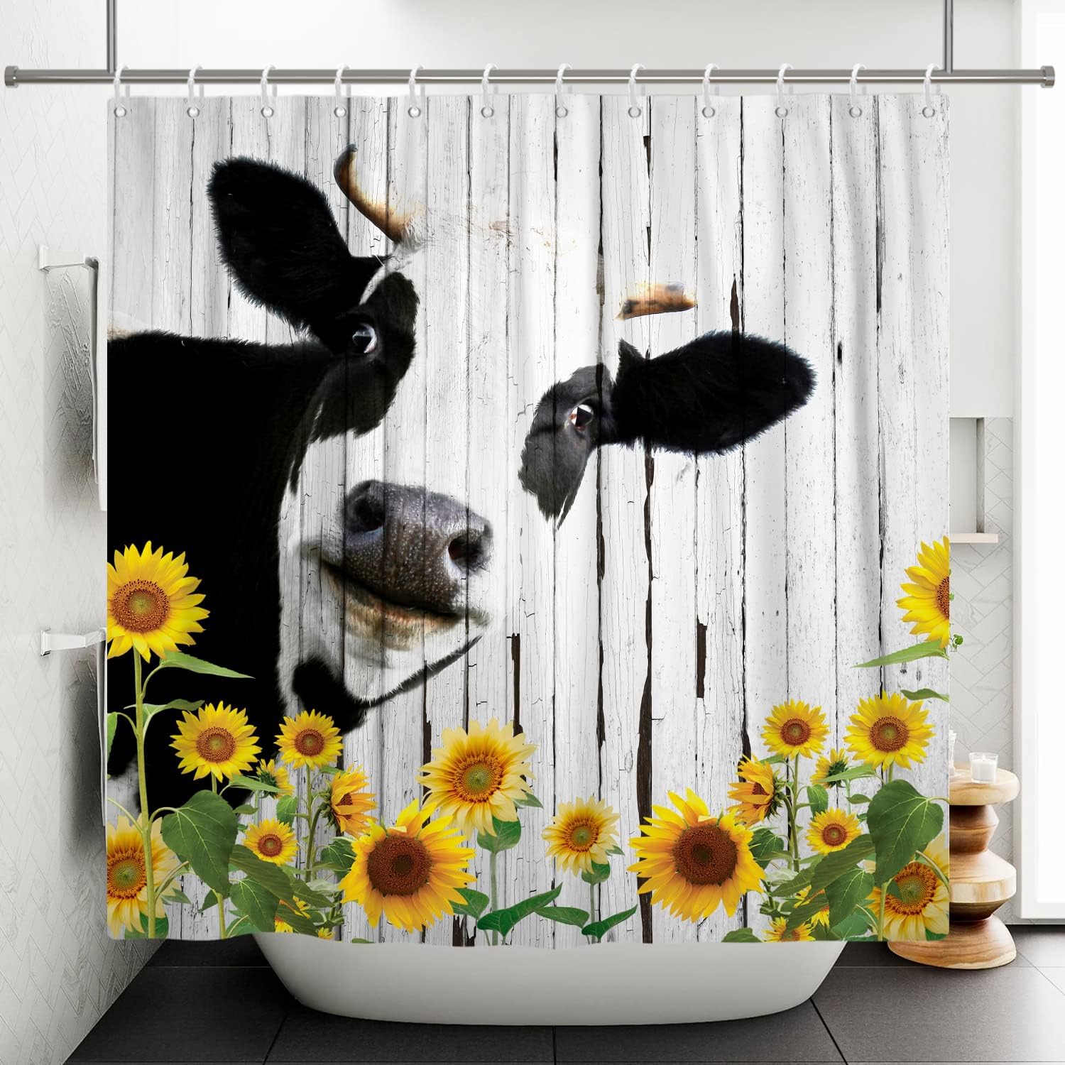 

Farm Cow Shower Curtain Sweet Cheek Funny Cow With Sunflower Vintage Barn Farm Animal Waterproof Bathtub Shower Curtain W60H190(CM)-1 Pcs