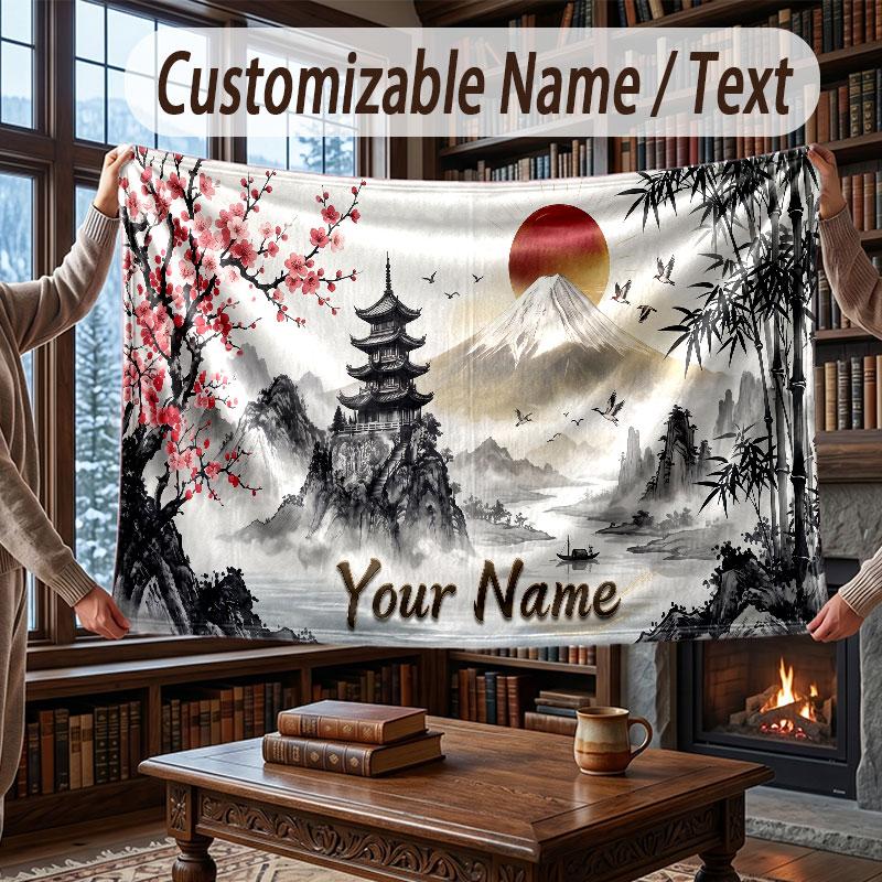 Mountain Landscape Theme Throw Blanket Custom Name Text Personalized Blanket Soft Cozy Blanket for Home Sofa Bed