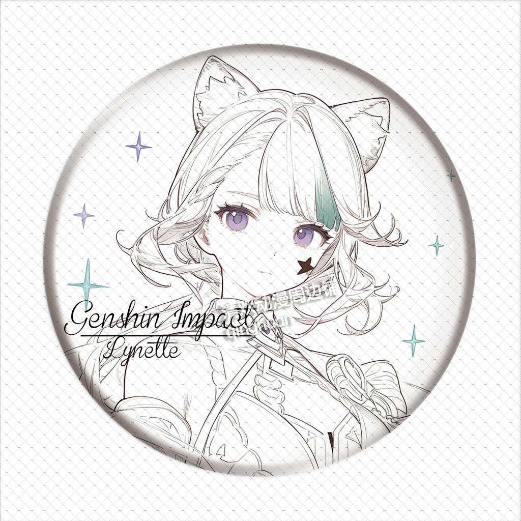 Genshin Impact Linienkunst Skizzen Abzeichen: Scaramouche, Yoimiya, Lumine, Hu Tao, Kazuha, Ganyu, Furina