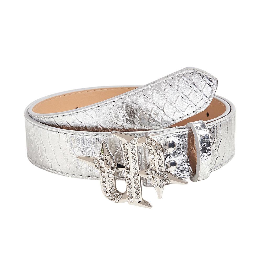 1Pcs PU Leather Diamond Belt Wide Waist Chain Durable Women Belt silver