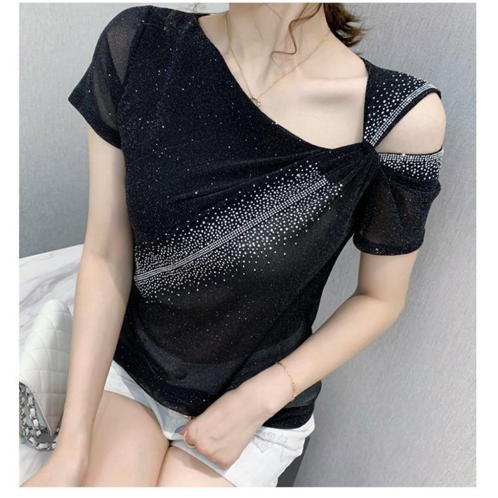 Irregular T-shirt Short-sleeved Sequined Splicing Diamond Top Casual Versatile Pullover
