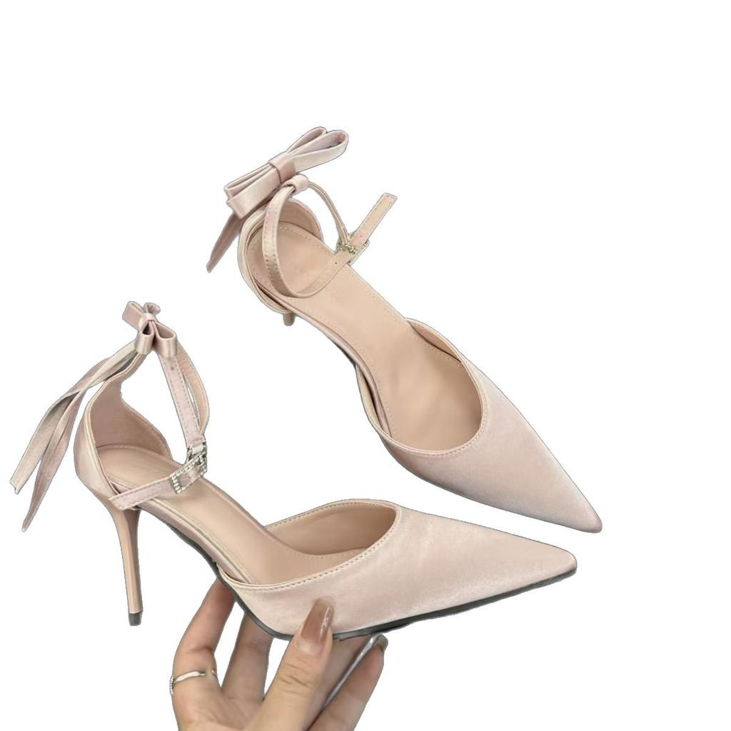 New Pointed Thin Heel Versatile Hollow High Heel Bow Sandals One Word with Light Heel Fashion Shoes