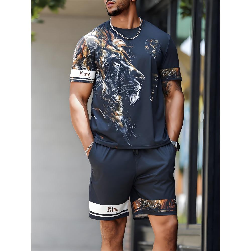 Fashion Lion Pattern Shorts Short Sleeved Set Men's Quick Drying Sports T-shirt Drawstring Shorts Two-piece Set Men's T-shirt