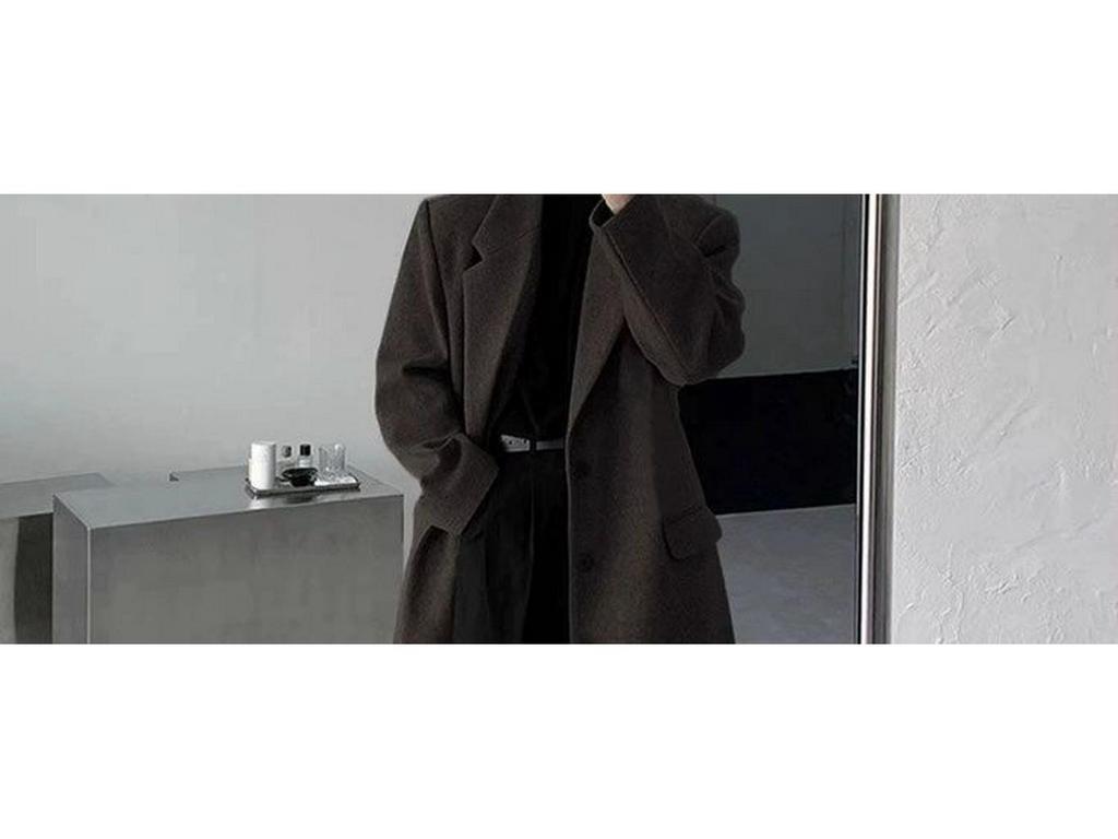 Men's Black Mid-Length Woolen Trench Coat – Autumn/Winter Loose Fit, Thickened Korean Style.