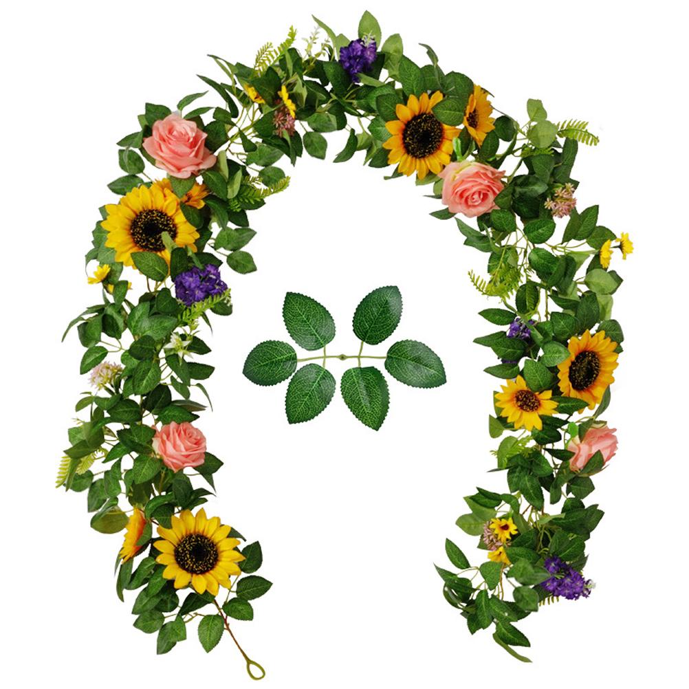 Artificial Sunflower & Rose Vine Garland Faux Greenery Wreath for Indoor Home Wall Decor