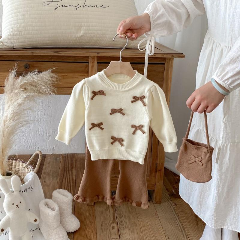 Baby Girl 3-Piece Set Cute Bow Round Neck Top Flared Pants Outfit Toddler Girls