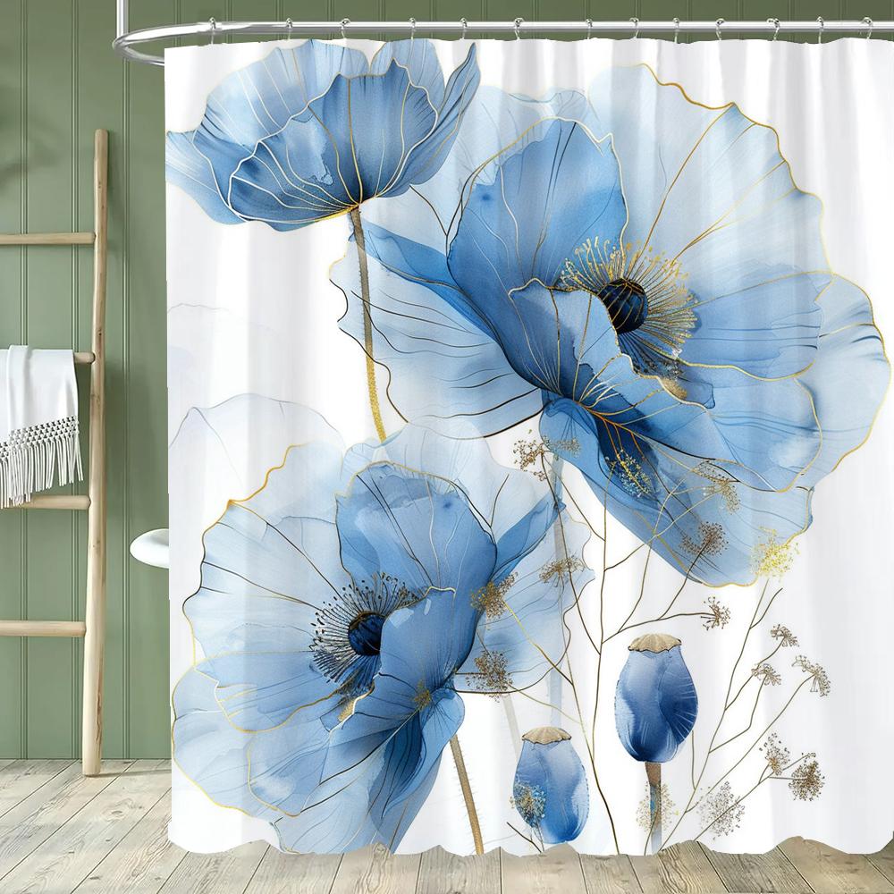 Blue Flowers and Butterflies Shower Curtain Bath Curtain Printed Polyester Floral Bathroom Curtains for Home Decoration Curtain