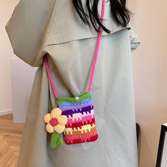 Women Crossbody Bag Colorful Crochet Cartoon Flower Pendant with Faux Pearl Lock Design