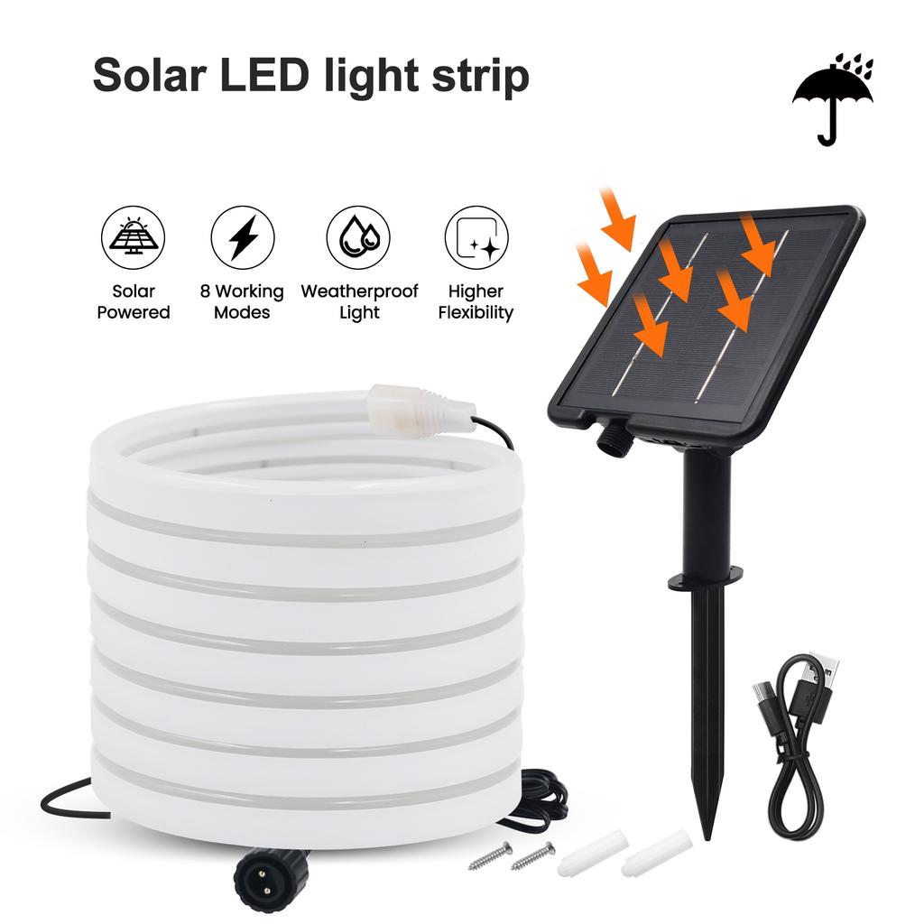 Solar Powered Neon Strip DC 24V IP67 Waterproof Warm/Cold White Flexible Ribbon Rope LED Light Outdoor Garden Decor Lamp