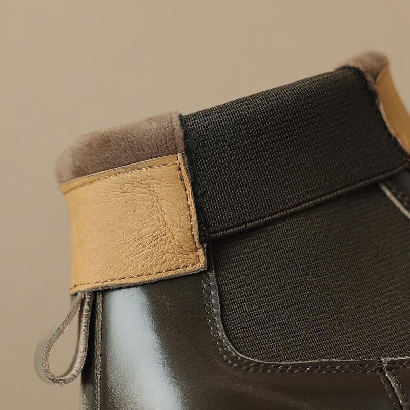 Fashion Women's New Autumn/Winter Round Head Genuine Leather Cowhide Elastic Mid Heel Thick Bottom Large Leg Chelsea Short Boots
