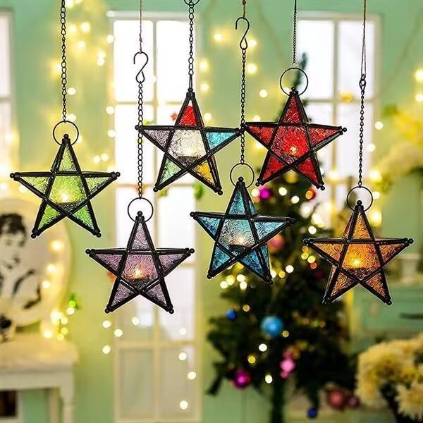 Pointed Christmas Five Star Glass Candles House Ornament Candleholder Decoration