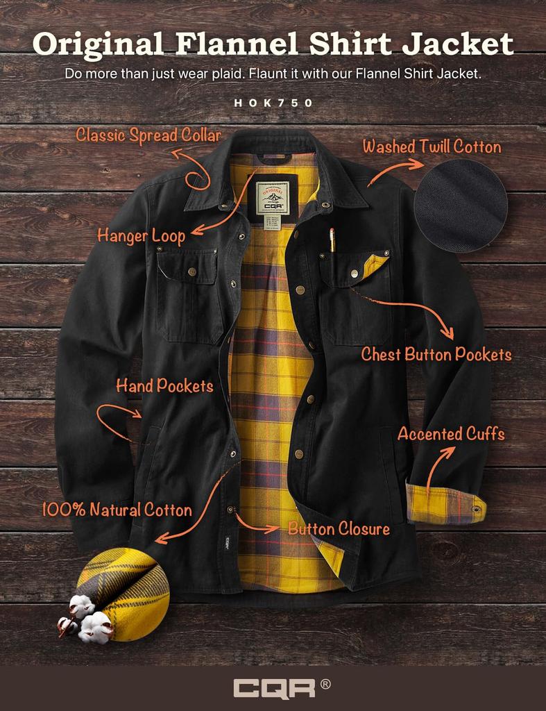 CQR Warm Twill Jacket with Flannel Lining for Warmth and Ideal for Outdoor and American Casual and Model Men's Protection, Hiking, Activities,