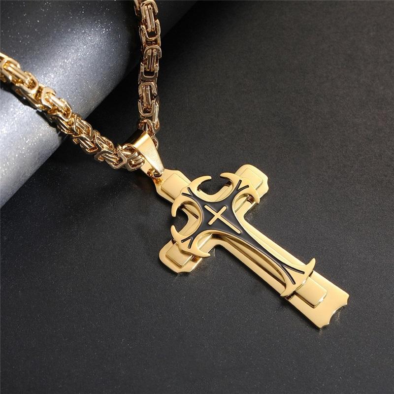 Titanium Steel Long Necklace European And American Domineering Pattern Three Layer Cross Pendant Necklace
