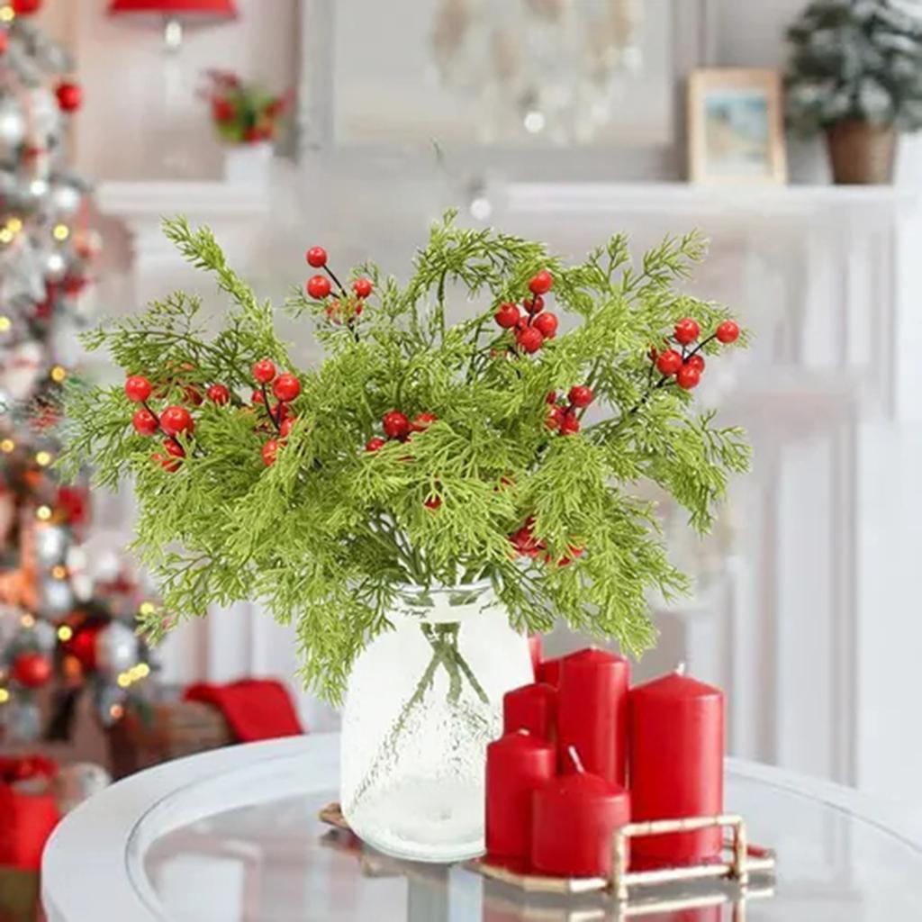 Artificial Christmas Flowers With Red Berry Stems, Fake Norfolk Garland Branches For Winter Decor, Faux Christmas Garland Tree Picks And DIY Crafts