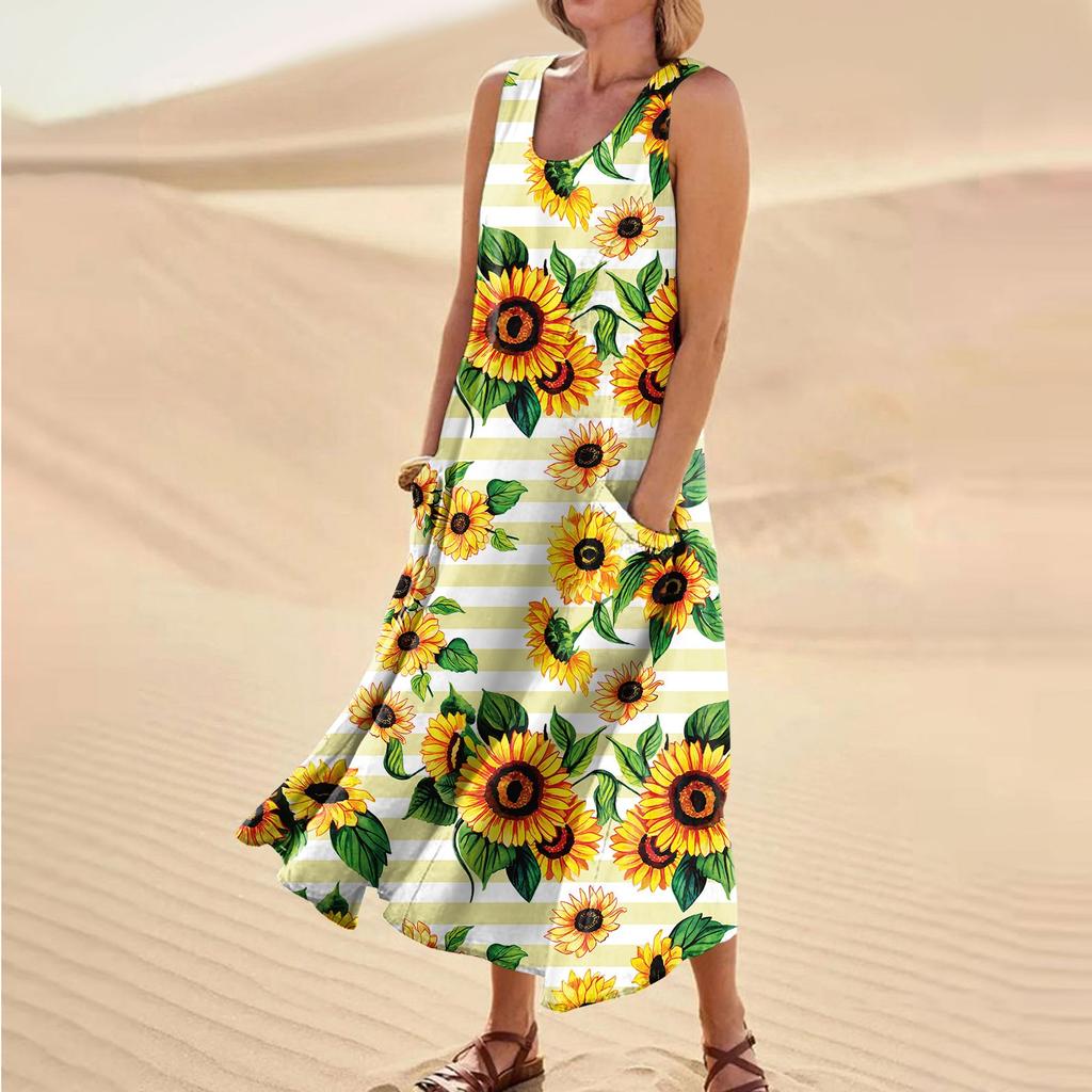 Women's Summer Casual Fashion Printed Sleeveless Round Neck Pocket Dress