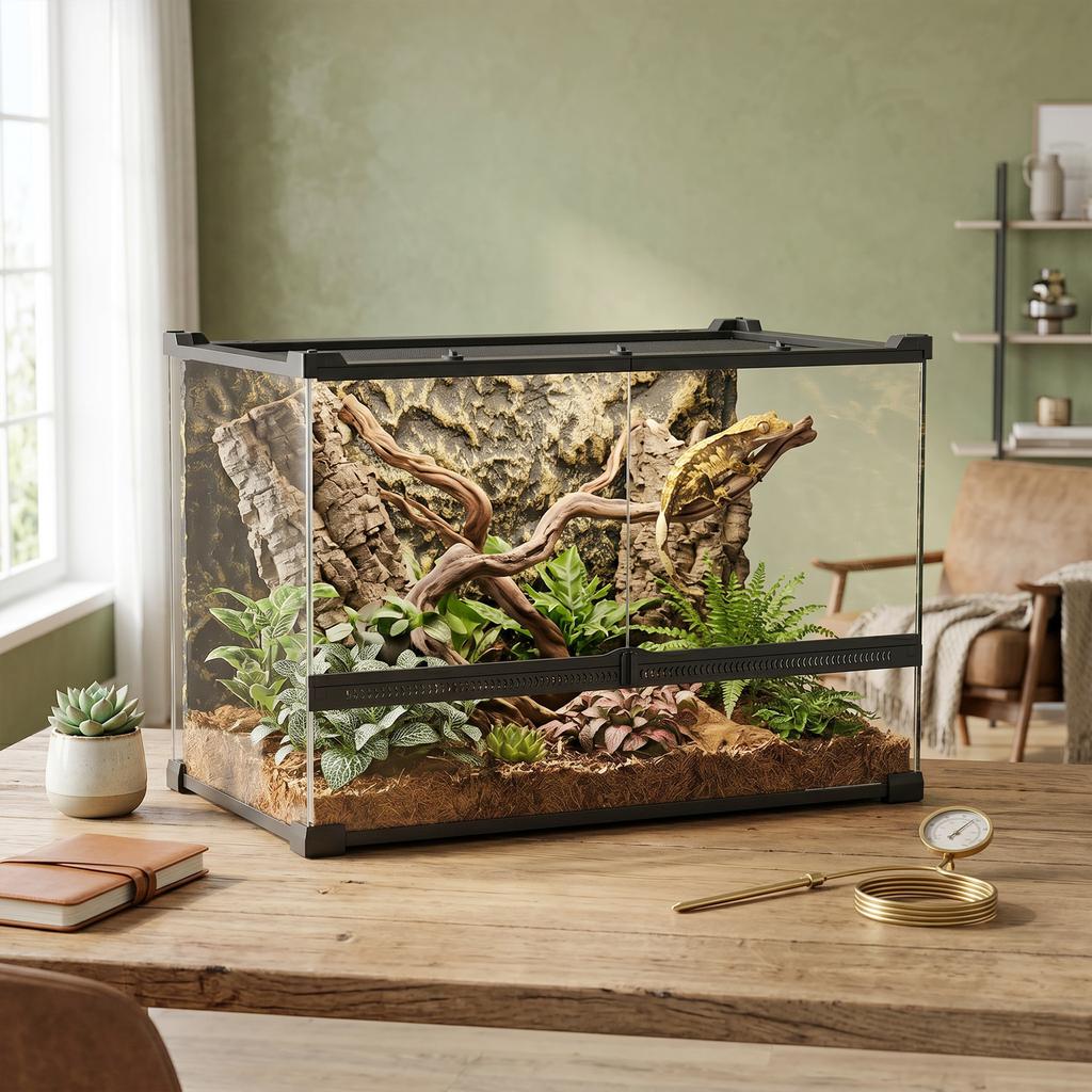 Reptile Glass Terrarium with Stone Background, Front Ventilation, Escape-Proof Knob Lock, 50 x 30 x 35 cm, Black
