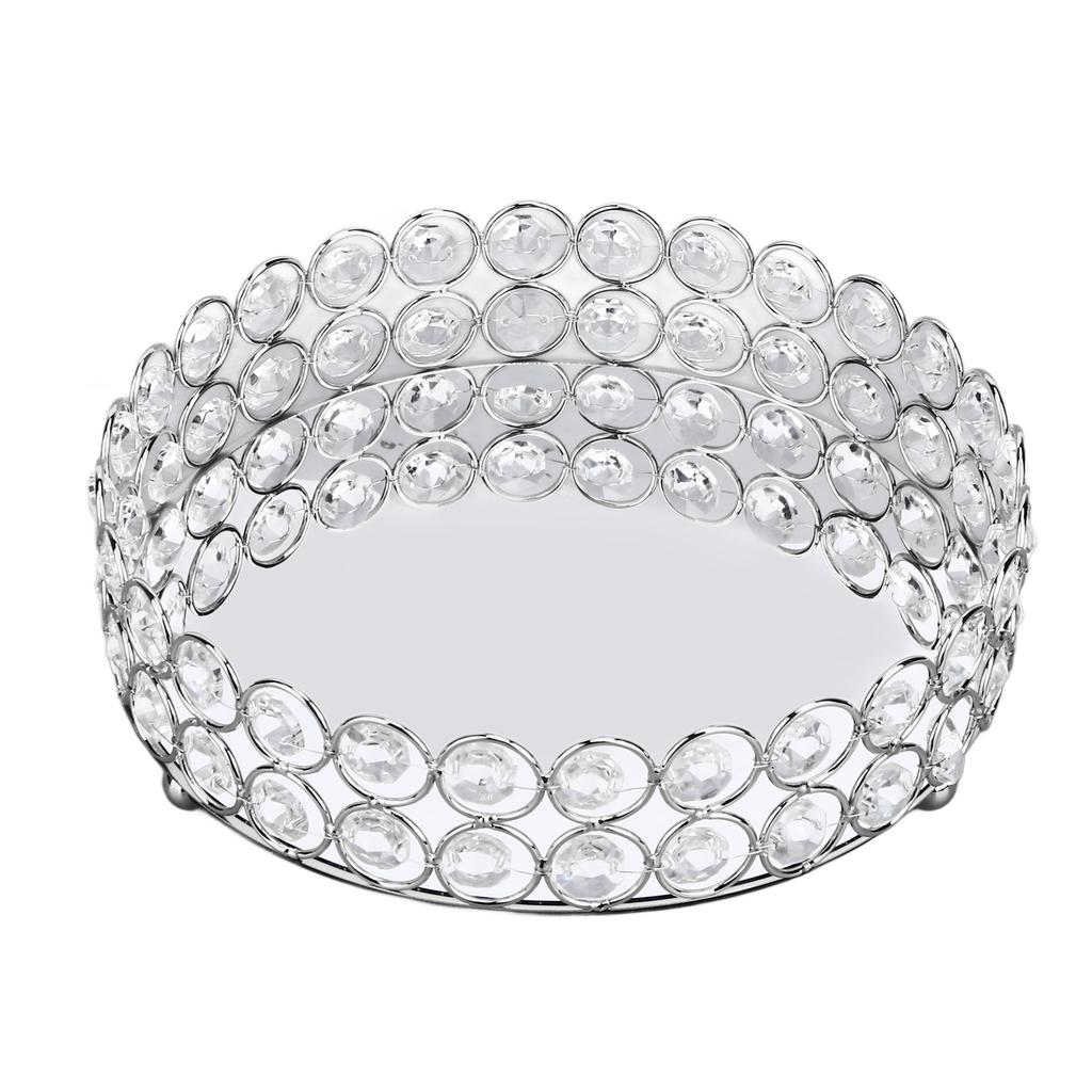 Crystal Cosmetic Makeup Tray 8in Round Display Tray Mirrored Metal Welded Structure for Food Perfume Jewelry Wine Silver
