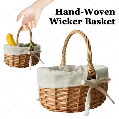 Handgemaakte Vlechtmand met Handvat Zomer Pastorale Stijl Picknickmand Handgeweven Bloemenmand Rotan Opbergmand Huisdecoratie