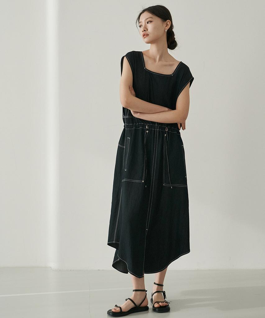 Dijainowol Denim String Long Dress_ Stitch Black