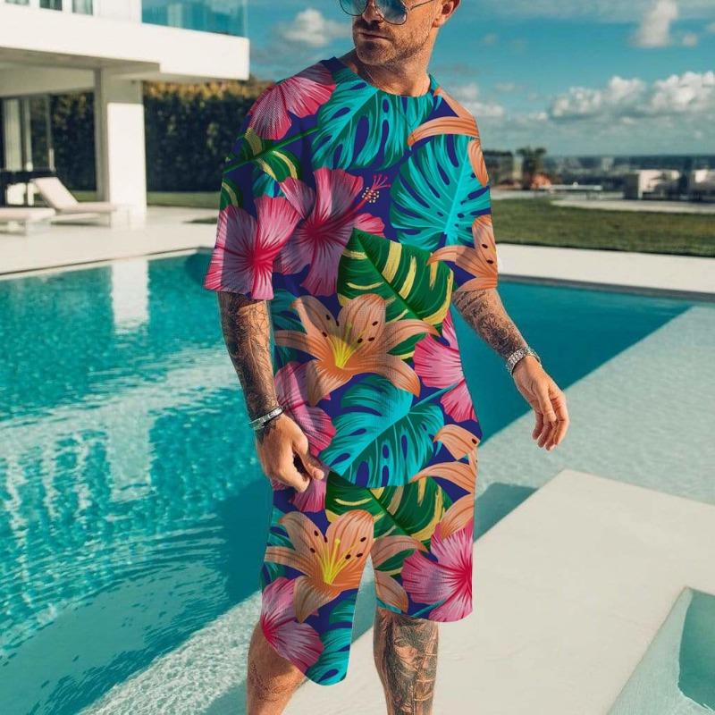 Hawaïaanse Herenset Casual T-shirt Strandbroek Pak Dagelijks Stijlvol Heren Top met Korte Mouwen Outdoor Vakantie Heren T-shirts Korte Tweedelige Set