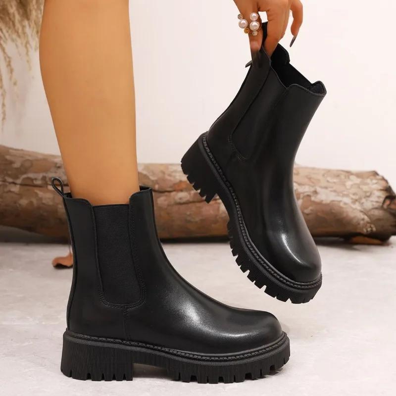 Fashion Round Toe Modern Boots Women 2024 High Quality Ladies Shoes Slip-on Women's Boots New Plus Size Solid Mid-Calf Boots