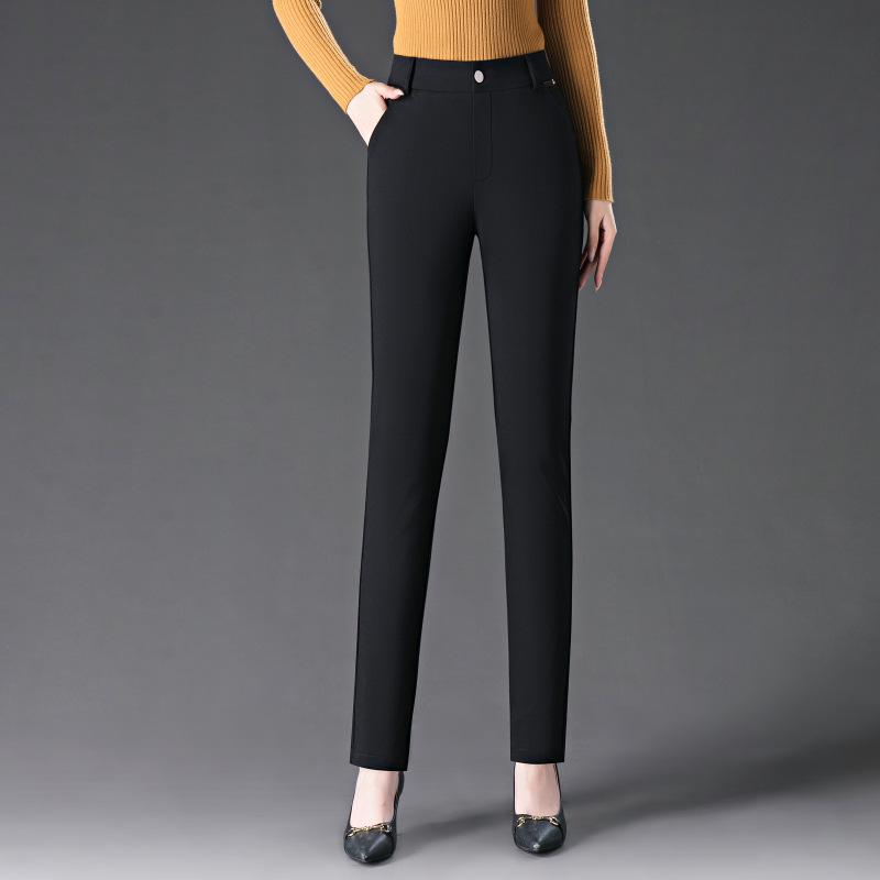 2024 Spring & Autumn Black Elastic High-Waisted Straight-Leg Pants for Women - Slimming, Versatile, Casual Fit for Middle-Aged Moms