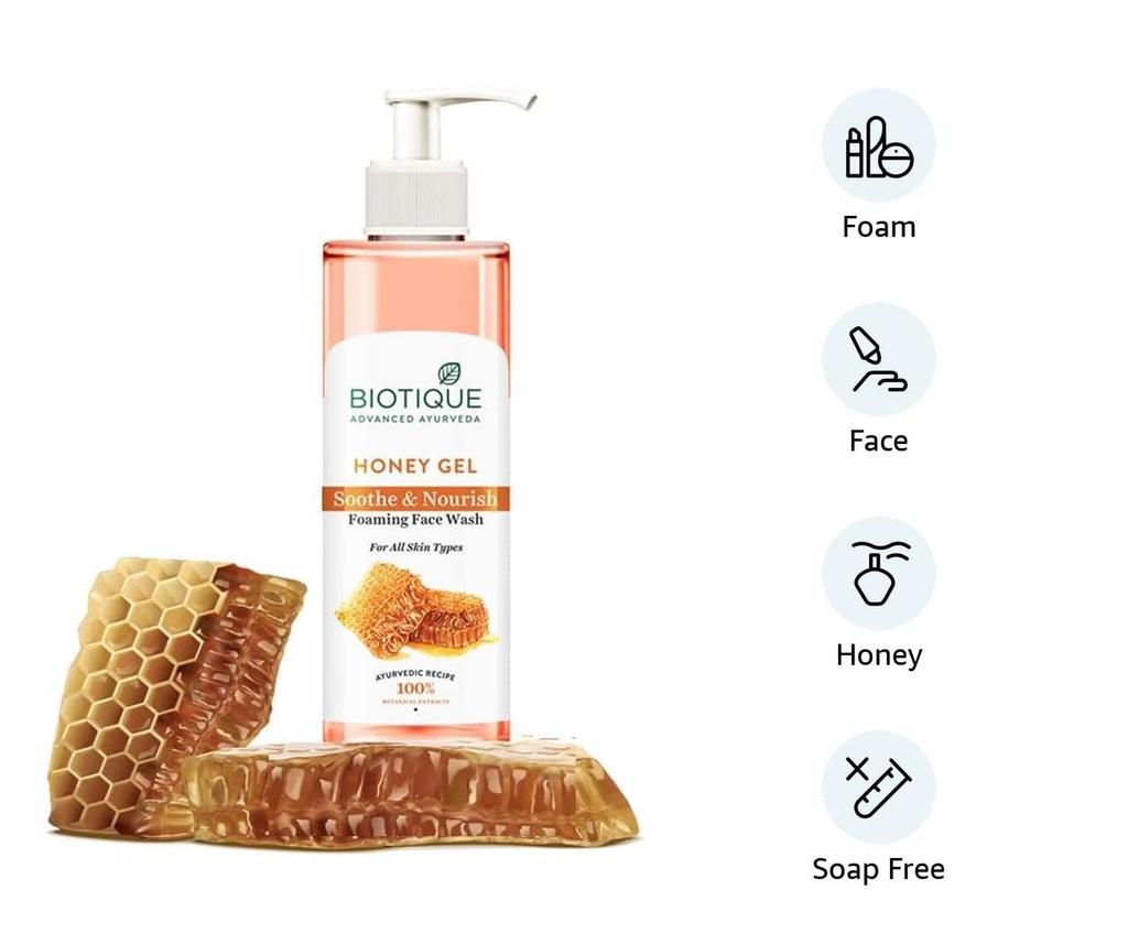 Biotique Nettoyant Moussant Visage Gel Miel 200ml | Formule Sans Savon pour Peau Sèche | Extraits 100% Botaniques | Hydratant & Nourrissant