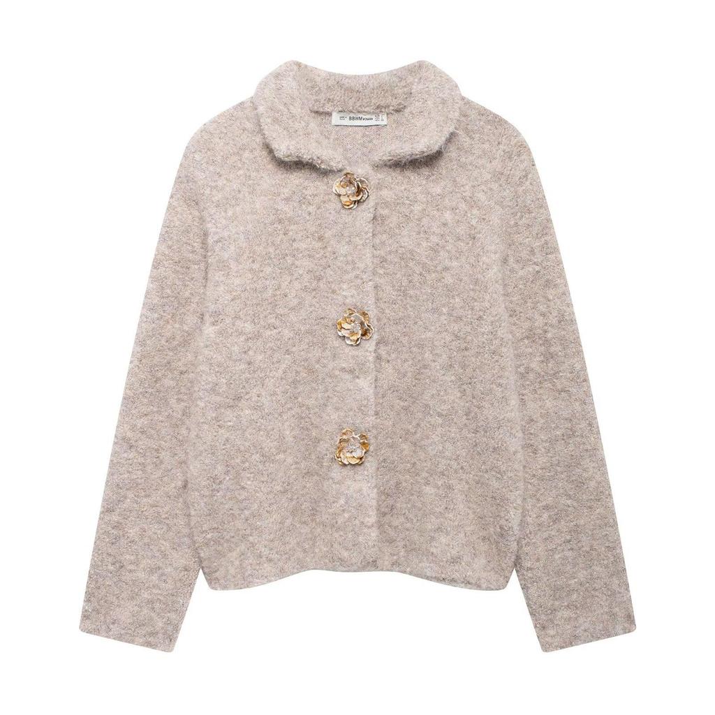 European & American Style Women's Faux Fur Knitted Cardigan with Floral Buttons