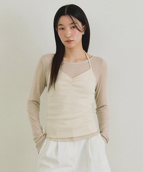 Lingseoul Layered Halter Neck Top Set-Ash Beige/Cream